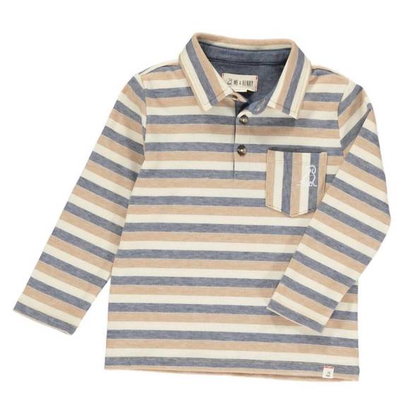 NEW ME & HENRY boy's long sleeve polo shirt in rockwood beige & navy stripe - Picture 1 of 1